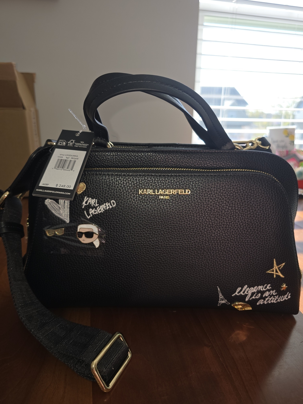 Karl Lagerfeld Black Embroidered Paris Themed Large Dome Satchel, New With Tags